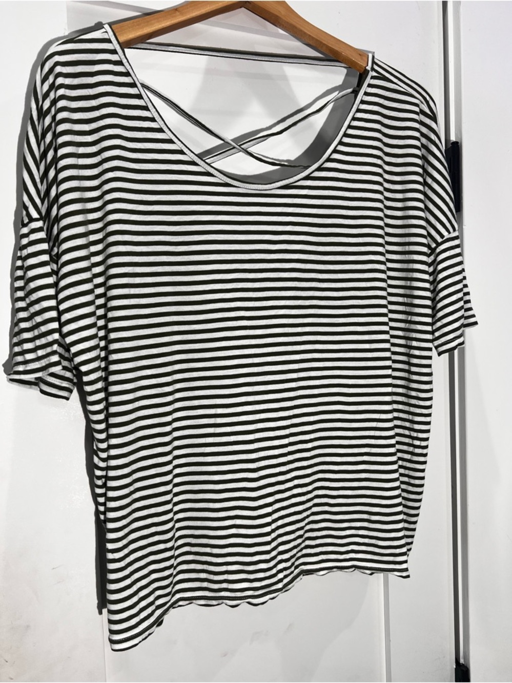 Old Navy Black and White Striped Short Sleeve Tee with Crisscross Back Detail
